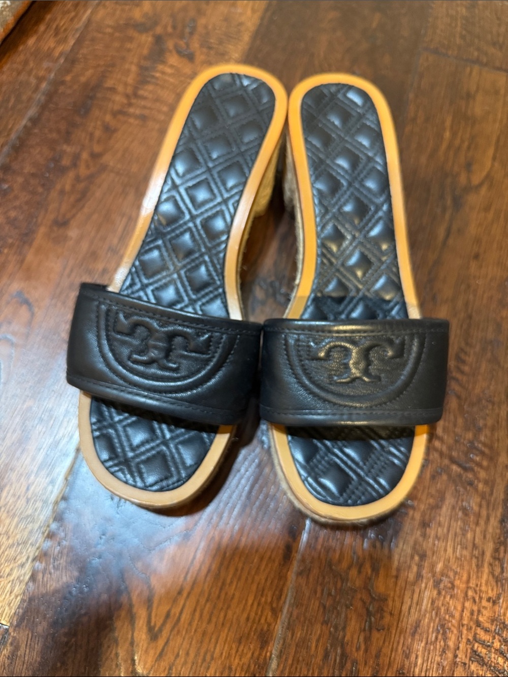 Tory Burch Black Leather Slide Sandals with Tan Trim